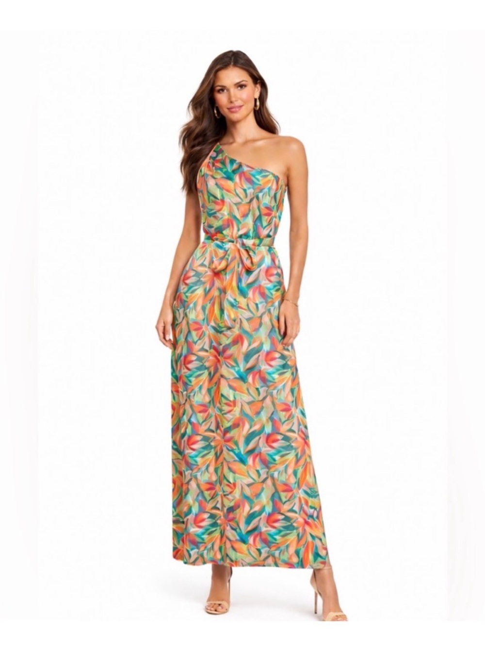 Nicole Miller one shoulder maxi dress w/ slit tropical vibrant rainbow size 8
